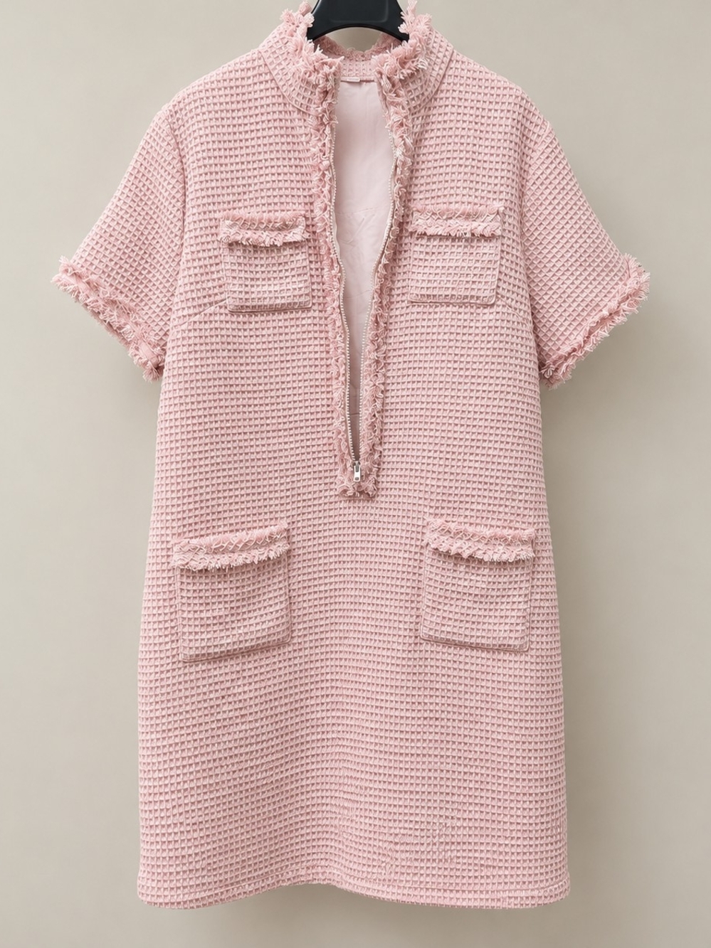 Pink Textured Tweed Shift Dress Fringe Trim Zip Front Size XL Lady Jacket - Picture 6 of 15